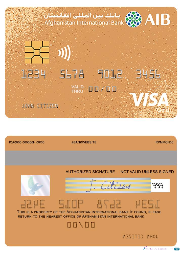 Download Afghanistan international bank visa gold prepaid card Photoshop template